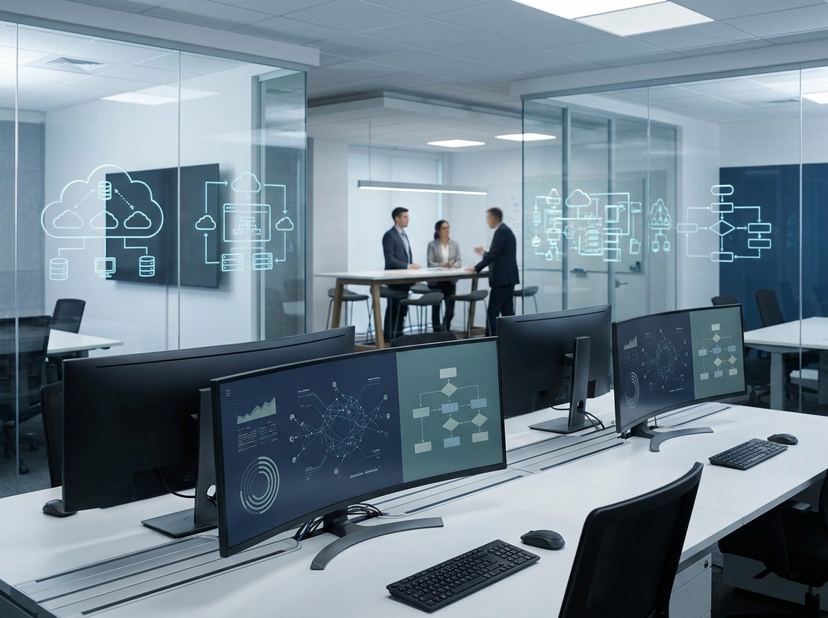 A modern office with glass walls, showing a meeting in progress and computer monitors displaying data flowcharts and cloud diagrams.. User description: Modern I